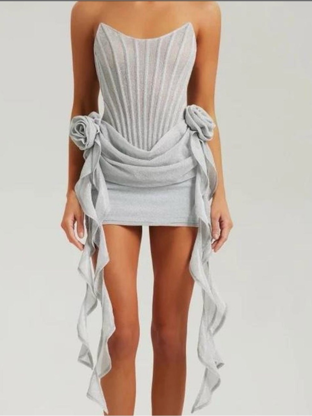 Heiress Beverly Hills Silver lurex corset drape mini‎ dress with flowers size L